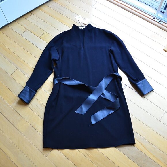 Vince Long Sleeve Belted Slit Neck Dress Size S Black NWT - Picture 2 of 12